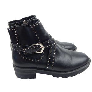 Womens Black Moto Ankle Boots with Embroidering and Buckle Size 38 ( 8 )